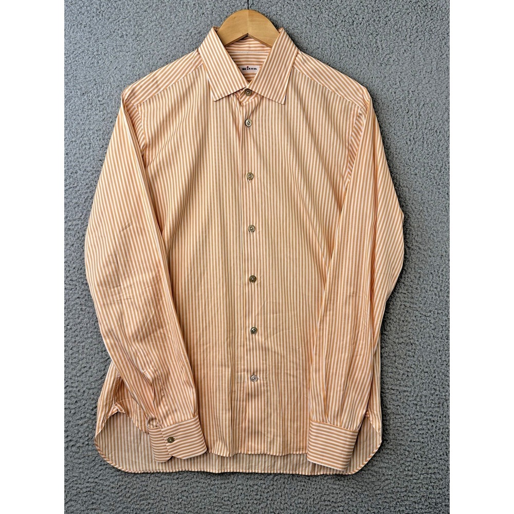 Kiton Striped Cotton Dress Shirt Mens Size 16/41 Orange White Napoli Italy